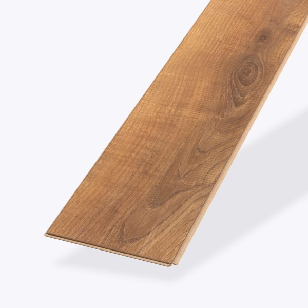 A single plank of Sunset Oak* wood flooring in light brown with a natural grain pattern, displayed against a plain light background.