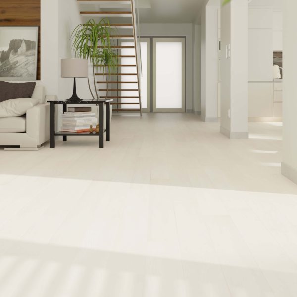 Modern living room with Paris Oak flooring, a beige sofa, black side table with lamp and plant, floating wooden staircase, and glass double doors at the back allowing natural light in.
