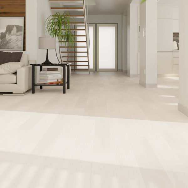 A modern, bright living room features Whistler Oak light wood flooring, a beige sofa, black side table with lamp and plant, open staircase, and large double doors letting in natural light.