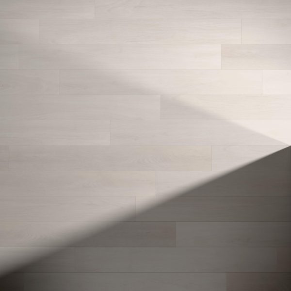 Whistler Oak features light gray wooden planks with a smooth texture, evenly arranged. A strong diagonal shadow splits the floor, highlighting a brighter upper section and a darker lower section.