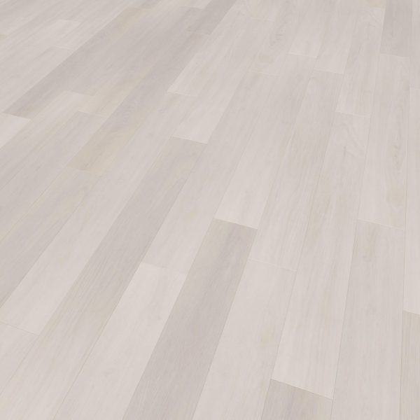 Whistler Oak flooring features light-colored wood laminate with subtle grain patterns in a staggered plank layout. The smooth, clean surface is evenly lit, showcasing its elegant and natural appearance.