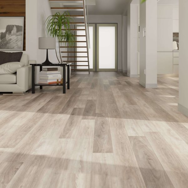 Modern living area featuring Tokyo Oak* light wood flooring, white walls, a staircase with wooden steps, potted plant, sofa, and small table. Large glass double doors let in abundant natural light.