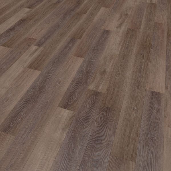 A close-up of Sydney Oak* flooring shows alternating light and dark brown planks in a staggered layout, highlighting the wood’s natural grain and texture.