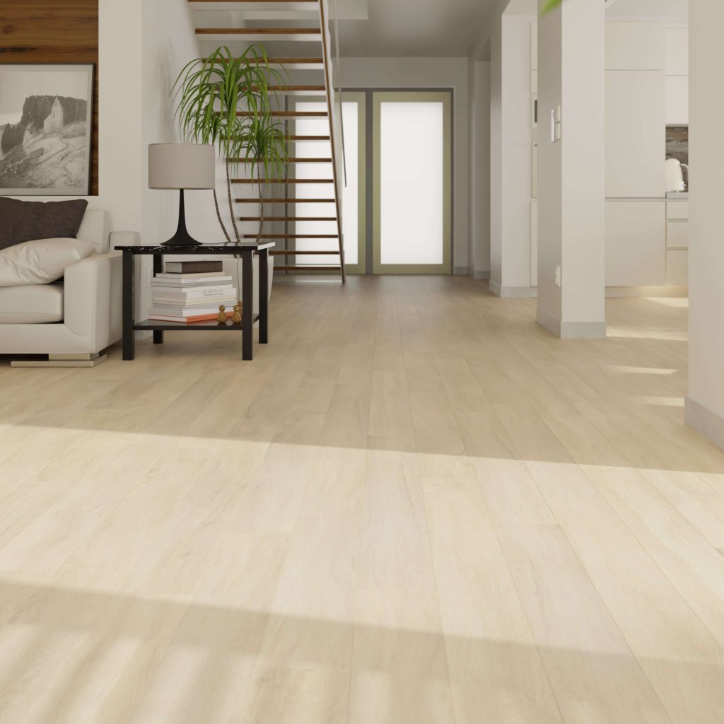 Bright, modern living space with Athens Oak flooring, staircase with wooden steps and metal railing, a white sofa, side table with lamp and plant, and double glass doors in the background.