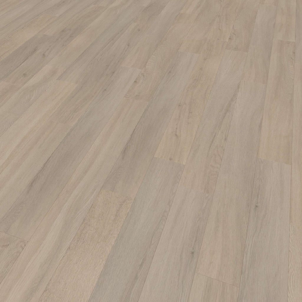 Athens Oak light wood laminate flooring features a natural grain pattern, shown from a low angle to highlight the smooth, seamless planks laid side by side across the floor.