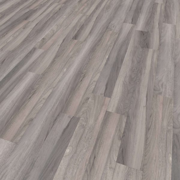 Wide view of Rio Walnut* light gray wooden floor planks arranged uniformly, highlighting subtle color variations and natural wood grain texture.