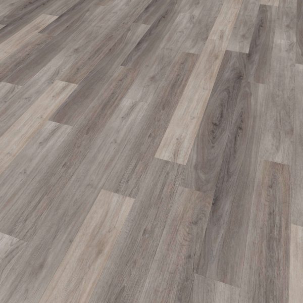 A close-up view of Tokyo Oak*, a wooden floor with wide planks in shades of gray and brown, featuring natural wood grain patterns and knots.