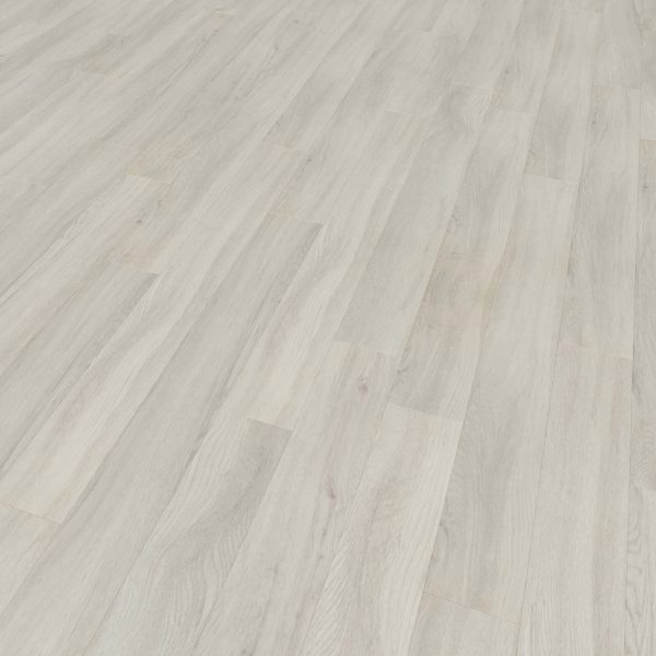 London Oak laminate flooring features a light wood tone with a subtle grain, arranged in a staggered pattern. Its smooth, clean surface brings a modern and airy atmosphere to any room.
