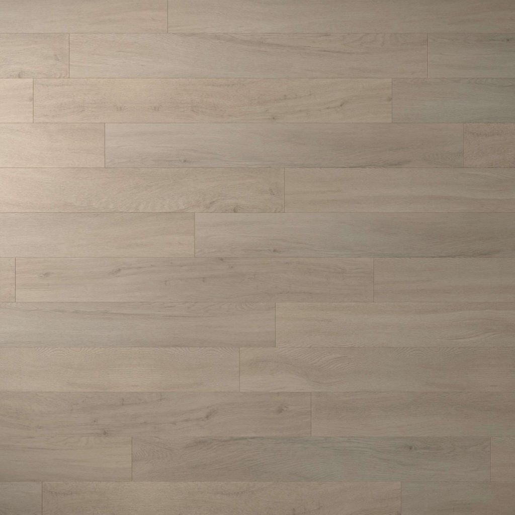Athens Oak features wide, light wooden planks in a staggered pattern. Subtle grain and natural texture are highlighted by soft beige and gray tones for a contemporary, versatile look.