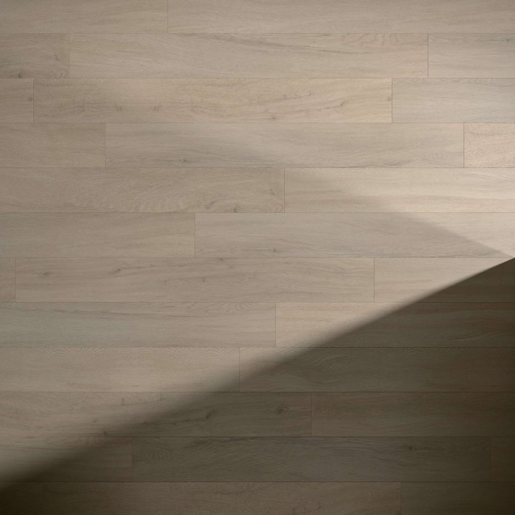 Athens Oak floorboards in a light finish are shown with a diagonal shadow across the lower right corner, highlighting the contrast between the bright and shaded areas.