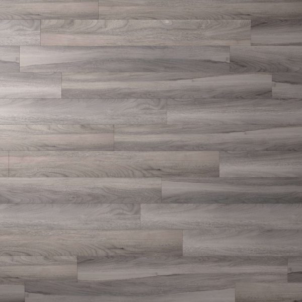 Rio Walnut* features gray wooden flooring with horizontal planks, showcasing subtle wood grain patterns and shading variations for a modern, clean look.