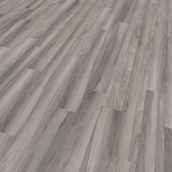 Rio Walnut* features wide planks in varying shades of gray with subtle pink tones, arranged in a staggered layout. The flooring boasts a smooth, slightly glossy finish.
