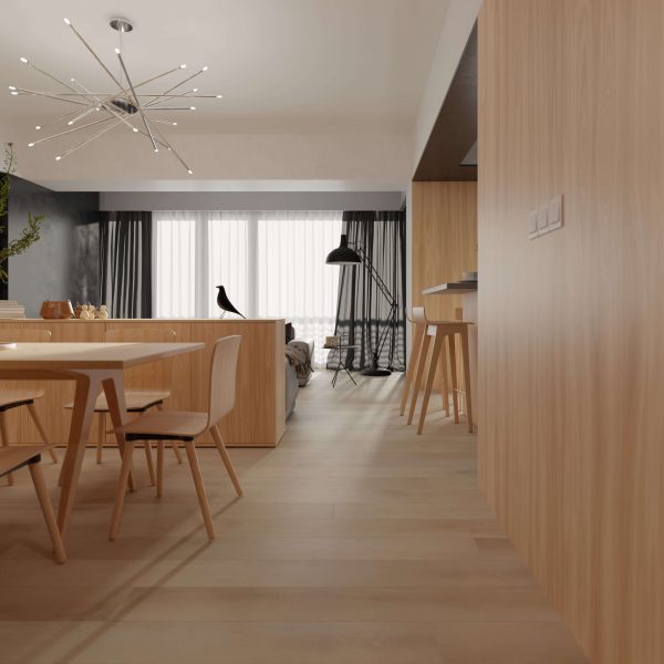 A modern, minimalist open-plan living area featuring the Williams* light wood floors and furniture, a dining table with chairs, sofa, decorative black bird accent, floor lamp, and large windows with sheer curtains for natural light.