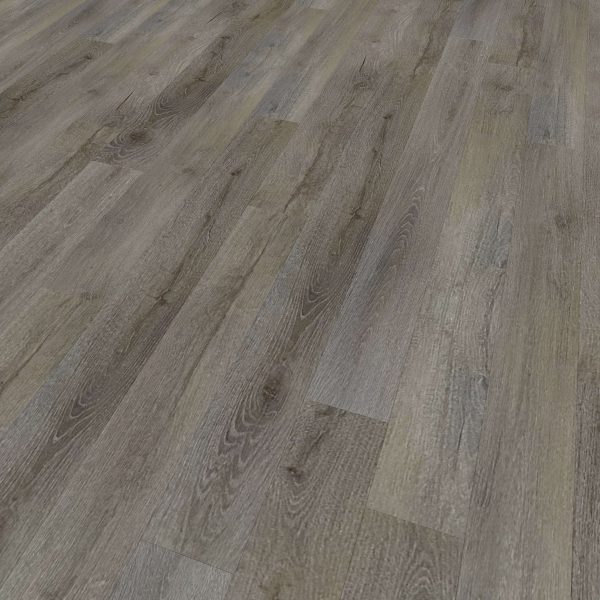 A close-up view of Nadal* flooring showcases gray and brown tones with natural wood grain patterns and textured planks.