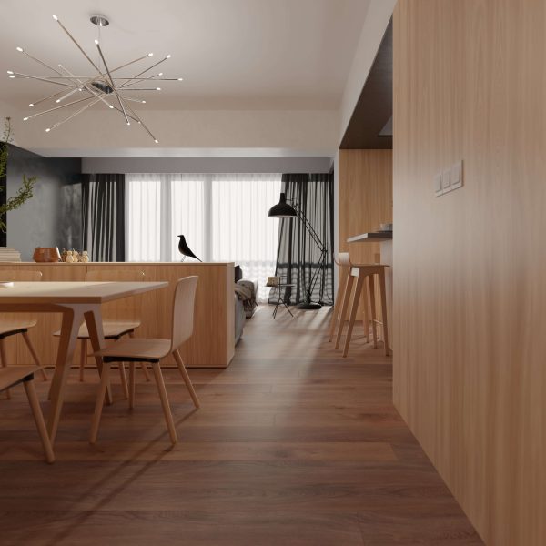 Experience modern open-plan living with Garros*: wooden floors and furniture, a dining table with chairs, a unique chandelier, large windows with sheer curtains, and a decorative bird sculpture on the low divider.