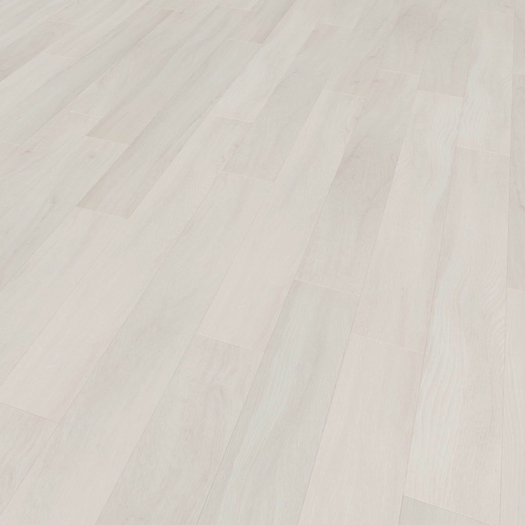 Paris Oak laminate flooring features a light wood tone with a subtle grain and natural shade variations, installed in a staggered pattern for an elegant look.