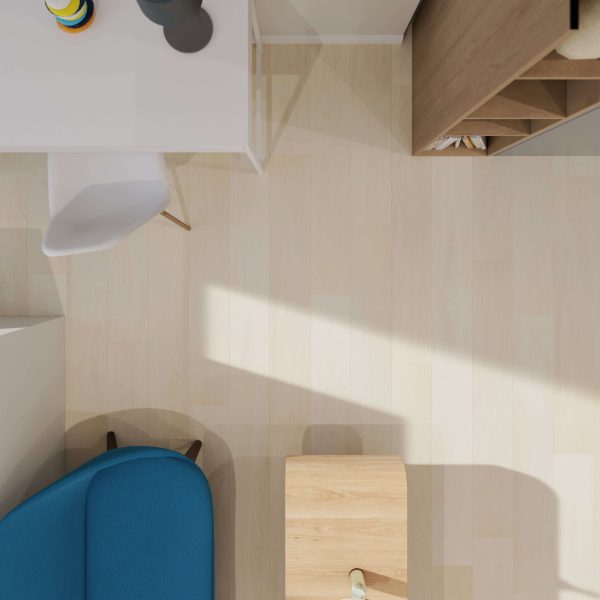 A minimalist room viewed from above features a white desk, white chair, wooden bookshelf, blue sofa, and small wooden table on Turin Oak flooring. Sunlight casts shadows across the light wood surface.