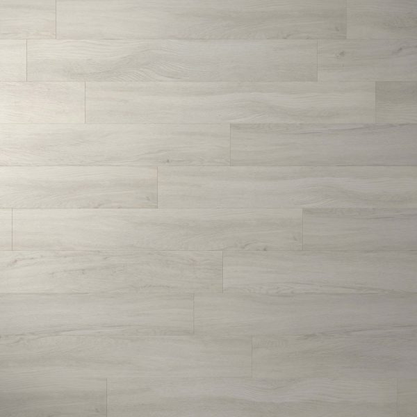 London Oak features a light gray wooden floor with visible grain patterns and staggered horizontal planks. The clean, smooth surface creates a modern, minimalistic appearance.