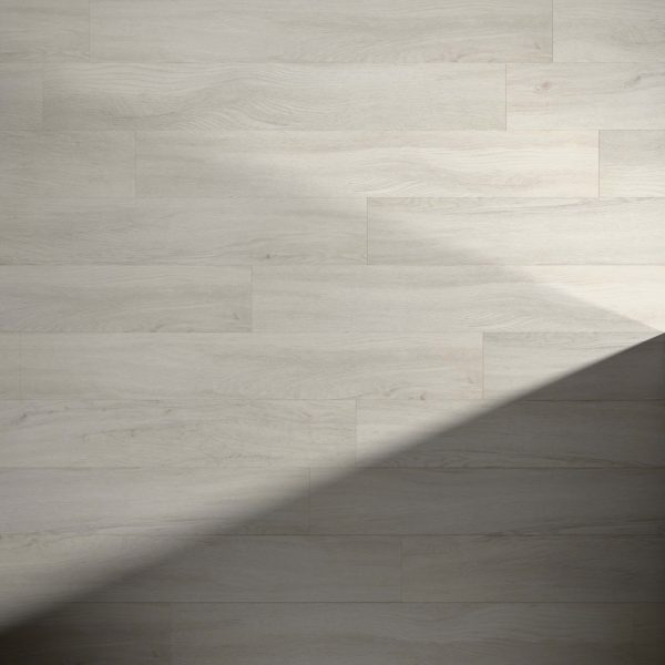 London Oak wooden flooring features horizontal planks with a light finish. A diagonal shadow crosses the lower right corner, adding contrast between the sunlit and shaded sections.