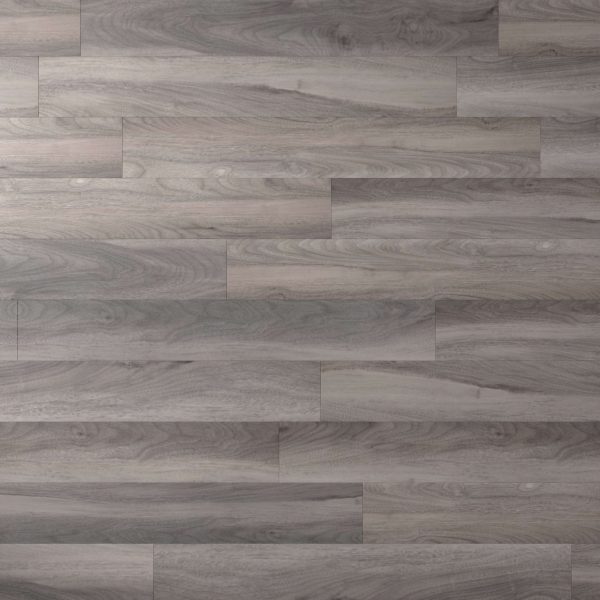 Rio Walnut* features grey wood flooring with a subtle grain pattern, horizontal planks in varying shades, and swirling textures. The smooth, matte finish gives it a modern and clean look.