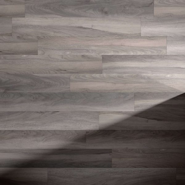 Rio Walnut* wooden floorboards with a natural grain pattern are arranged in a staggered layout. A diagonal shadow partially covers the lower right corner, creating contrast on the otherwise uniform surface.