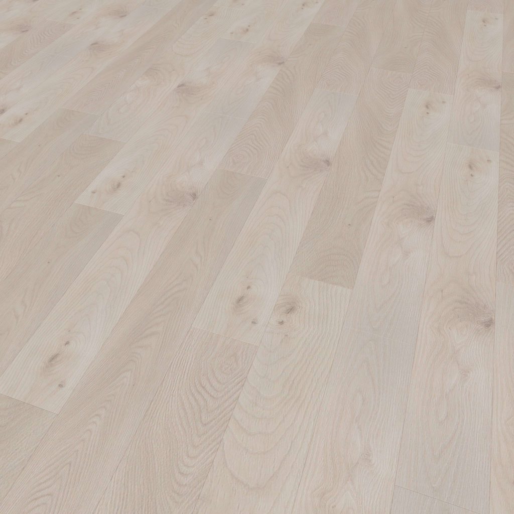 Lafleur* is a light-colored wooden laminate flooring featuring natural wood grain and knot patterns in a staggered layout. Its smooth, clean surface and neutral tone help brighten any room.