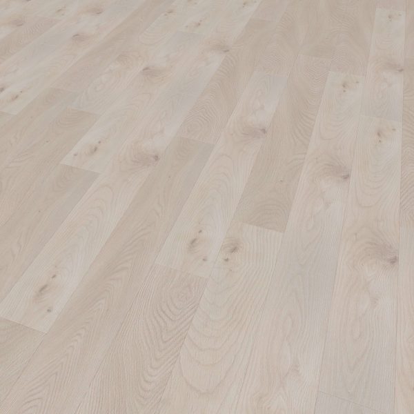 Lafleur* is a light-colored wooden laminate flooring featuring natural wood grain and knot patterns in a staggered layout. Its smooth, clean surface and neutral tone help brighten any room.