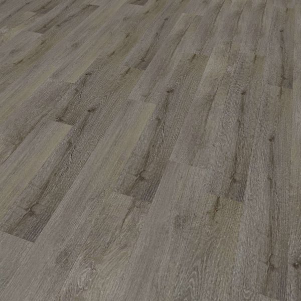 Bourque* is a gray wood-pattern vinyl flooring featuring visible grain and knots in a staggered plank layout. Its smooth, slightly reflective surface creates a modern, clean appearance.