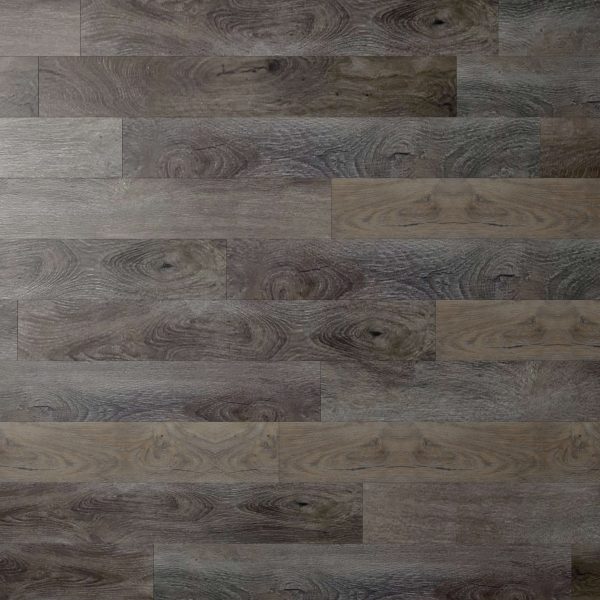 Mikita features wide, rectangular planks in varied gray and brown tones, showcasing a realistic wood grain pattern with visible knots and swirls for an authentic wooden floor look.