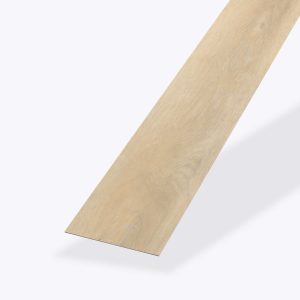 A single Turin Oak vinyl plank, featuring a light wood look, is displayed on a plain white background at an angle to showcase its realistic texture and slim profile.