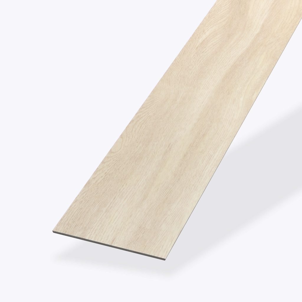 A Paris Oak vinyl plank flooring piece is displayed on a white background, showcasing its light wood-look finish, thin profile, and natural grain pattern.