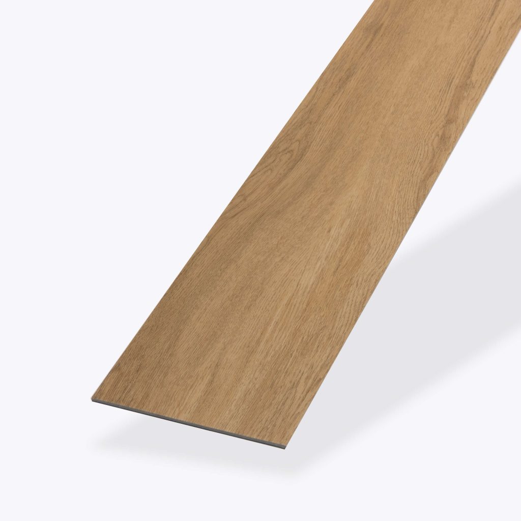 The Athens Oak vinyl flooring plank is shown against a plain white background, angled to display its rectangular shape and smooth, realistic wood grain texture in a rich brown color.