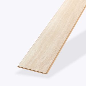A single Estate Oak Beige laminate flooring plank is displayed on a plain white background, showcasing its smooth surface and natural wood grain pattern.
