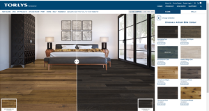 A bedroom with a large bed and artwork above it is shown with a split-screen effect, displaying different wood flooring options from the TORLYS Artisan Elite collection.