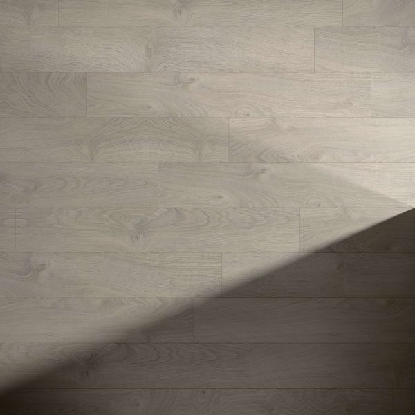 Old Oak Light Grey* floor panels feature a light wood tone with visible grain patterns. A diagonal shadow in the lower right corner contrasts the illuminated and shaded areas.