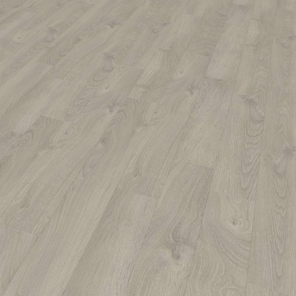 Old Oak Light Grey* laminate flooring features a natural grain pattern with subtle knots in a light grey tone, creating a spacious, modern look. Planks are installed in a staggered layout for added visual appeal.