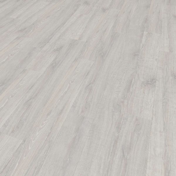 Reclaimed White Patina Oak* laminate flooring in light gray with a subtle grain pattern. Planks run diagonally, viewed from a low angle, creating a modern, clean look.