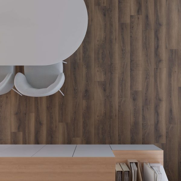 A top-down view of a modern workspace featuring a white oval table, two light gray chairs, Warm Brown Oak flooring, and a wooden cabinet with books and files.