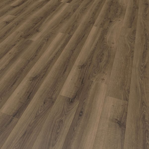 Close-up view of Warm Brown Oak floor panels featuring a dark brown finish with visible grain patterns, arranged in a staggered layout. The smooth, polished surface enhances the natural oak appearance.