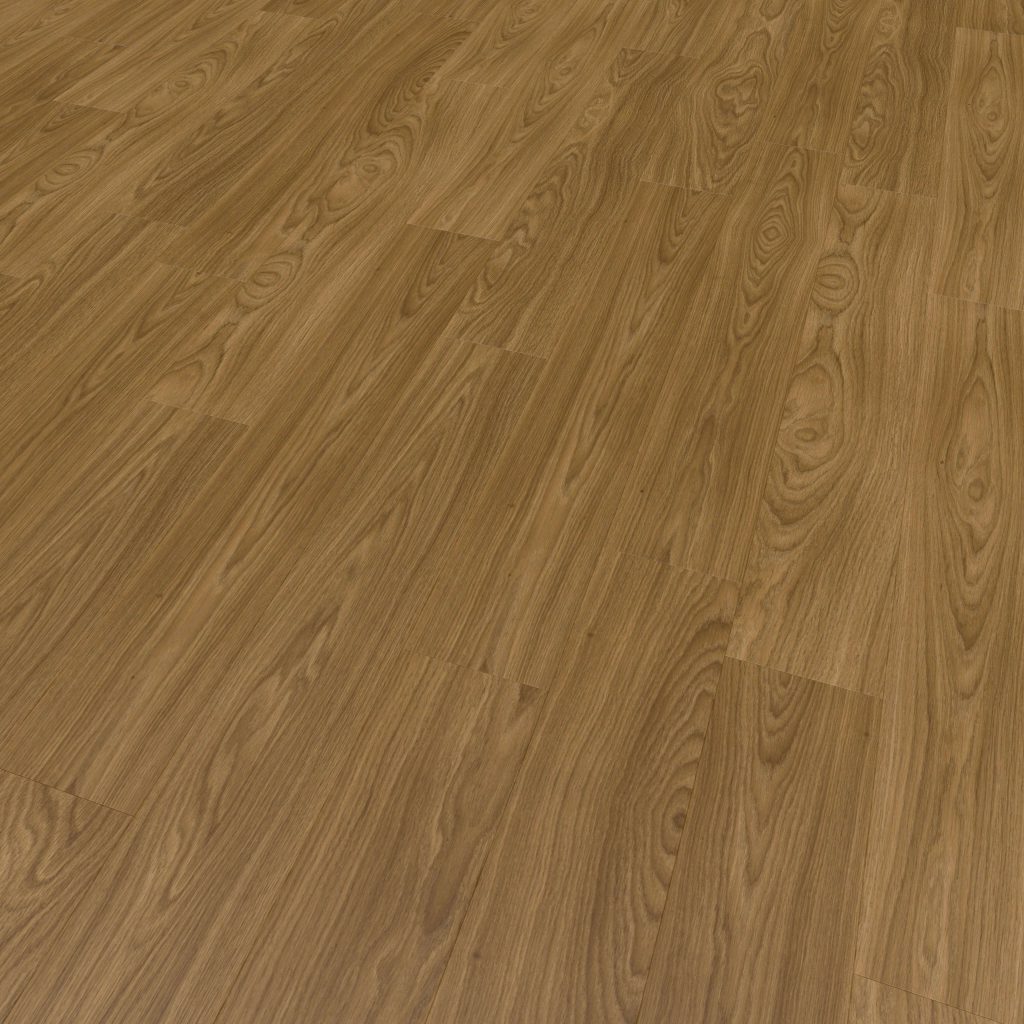 A close-up view of Brown Toasted Oak flooring featuring interlocking rectangular planks in a diagonal pattern, with natural brown finish and visible wood grain.
