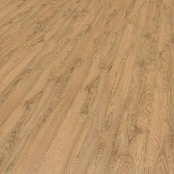 Sandy Oak wood flooring features a light brown hue with a natural grain pattern and smooth finish. Planks are shown at an angle, creating a warm, inviting look. No furniture or other objects are present.