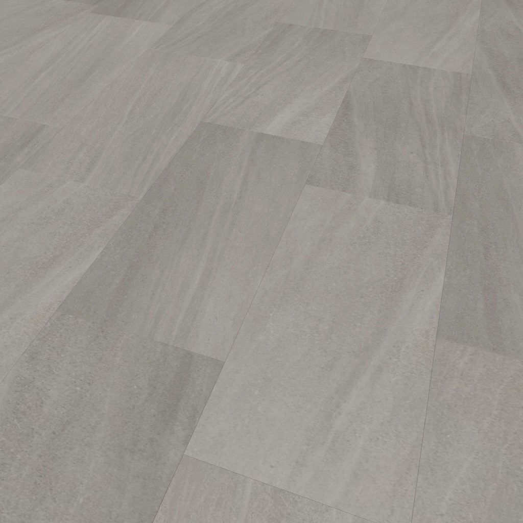 Allure Beige* tiles feature light gray marble tones with subtle veining, arranged in a staggered pattern for a modern look. The slightly glossy finish softly reflects light, creating a sleek and elegant floor surface.