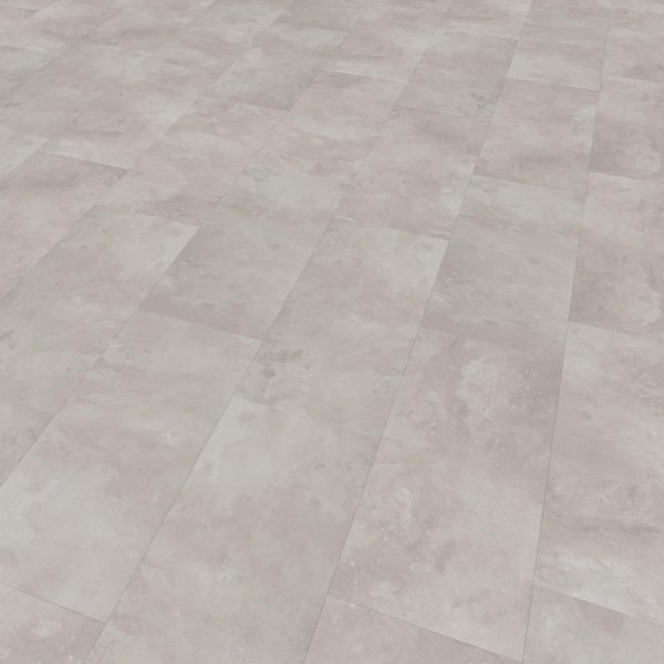Modena* tiles feature a light gray color and subtle mottled stone pattern, arranged in a staggered layout for a clean, modern floor look.