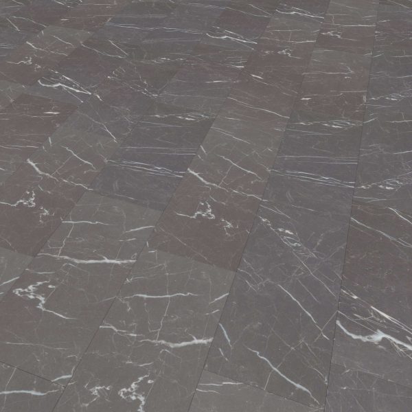A close-up view of a tiled floor featuring Nero tiles—large, rectangular, dark gray and purple marble with distinctive white veining patterns.