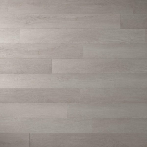 Hendrie features light gray wooden floorboards in a staggered layout, showcasing subtle wood grain and natural texture. The smooth, clean surface delivers a modern, minimalist look.