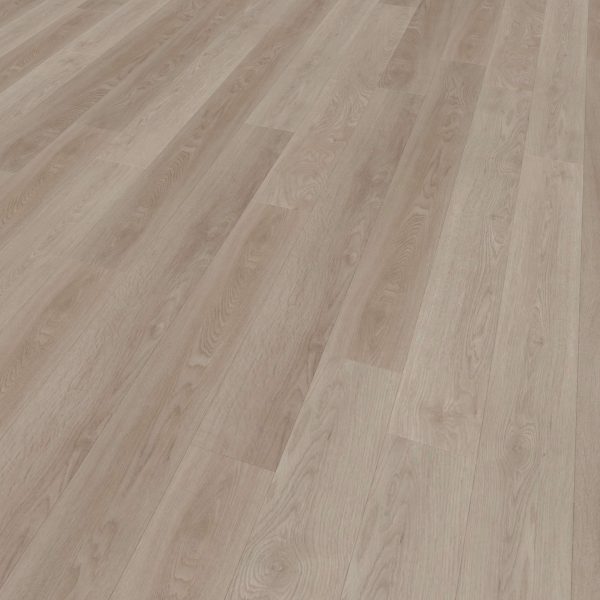 Merle light-colored wood laminate flooring features a subtle grain pattern and comes in long, narrow planks arranged diagonally. The smooth, clean surface adds a modern touch to any space.