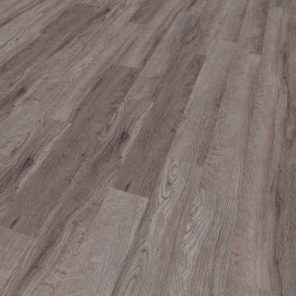 Close-up view of Skyline laminate flooring, featuring a wood grain texture with gray and brown tones. The planks display visible knots and patterns that mimic natural wood.