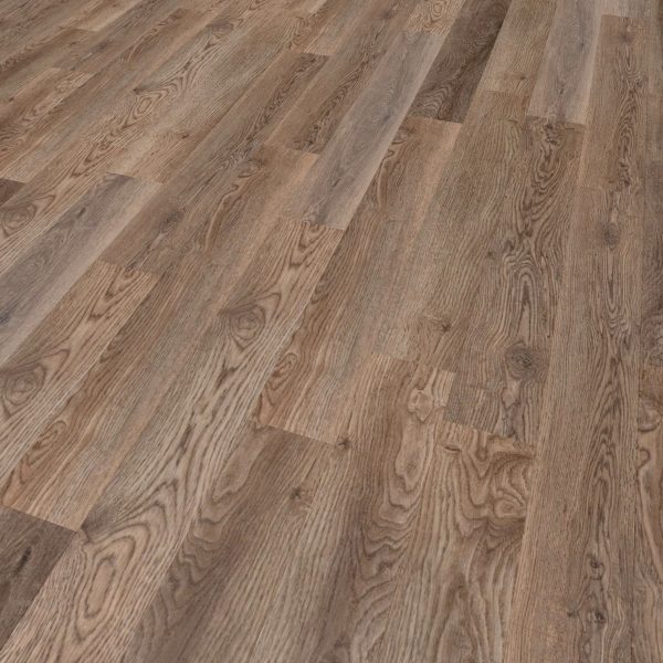 Close-up view of Meadowland wooden laminate flooring featuring a natural wood grain pattern in various shades of brown for a warm, textured look.