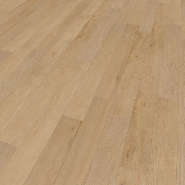 Deck Oak features light-toned wood with visible grain and a smooth, matte finish. The planks are laid lengthwise, delivering a clean and natural hardwood floor appearance.