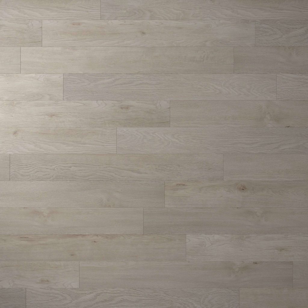 Bluepeter is a light gray wooden floor with horizontal planks, showcasing subtle wood grain and knots for a clean, modern look.